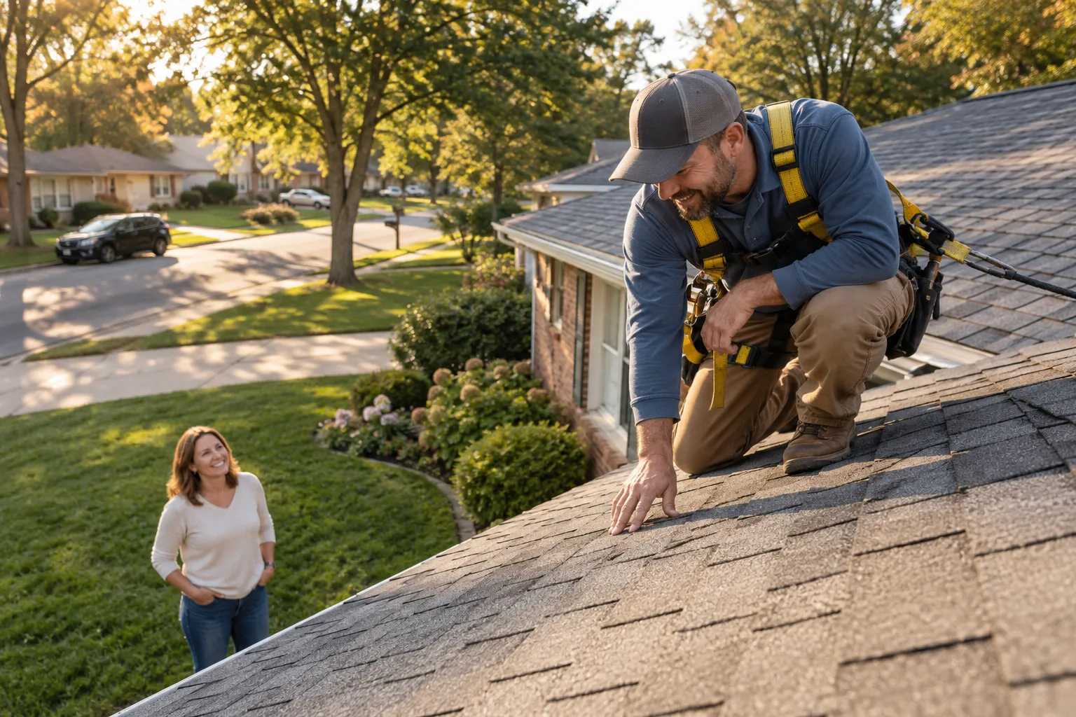 Roofing provider inspecting shingles on a home in Pevely for a roof repair assessment