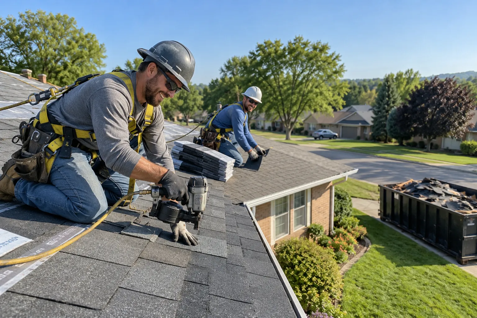 Roofing crew installing new shingles on a house roof in Pevely on a clear day